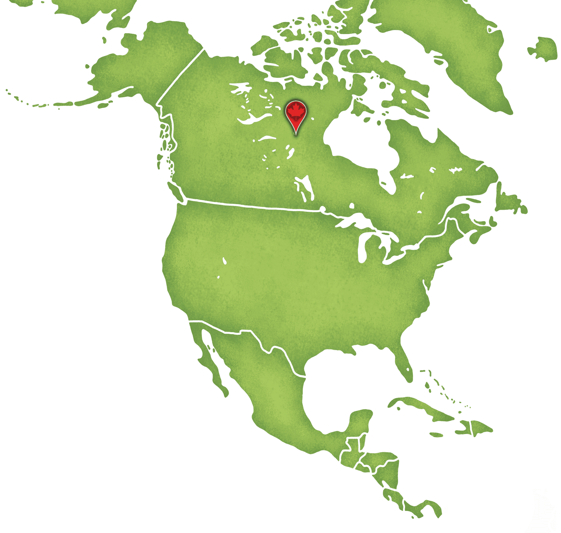 Green map of North American with a pin pointing to where Gangler's in Manitoba is located