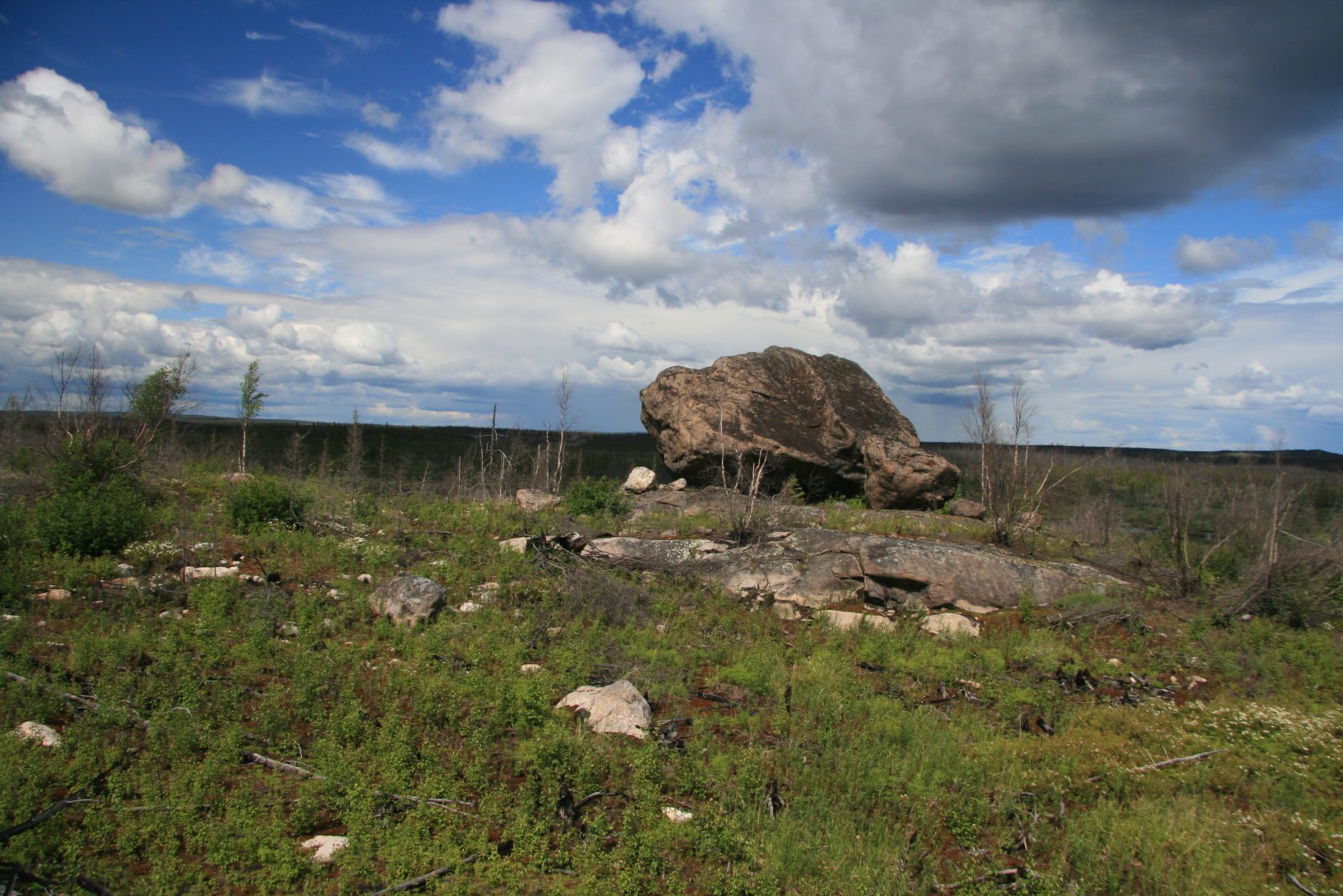 landscape of the eskers with a large rock, greenery, and blue skies with fluffy clouds
