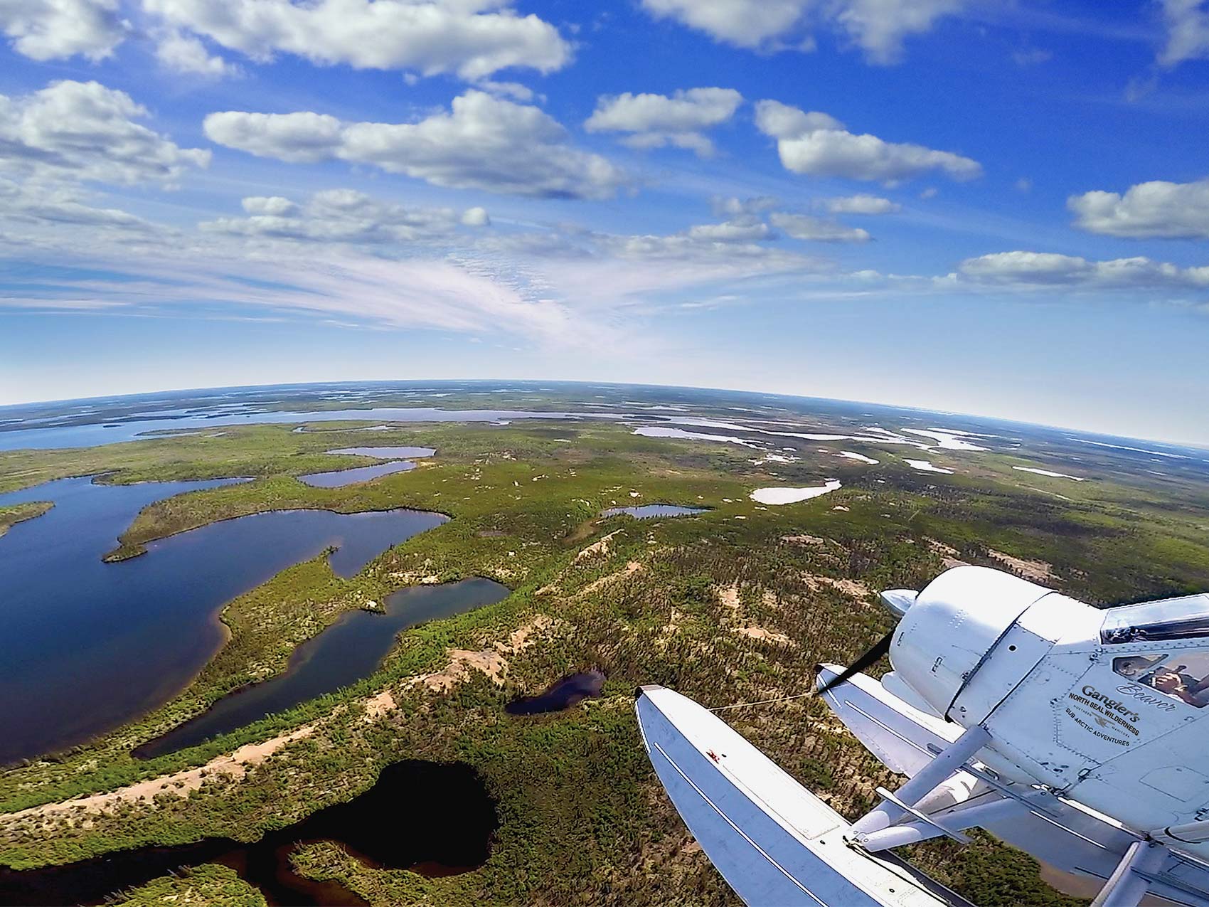 Aerial view of a float plane flying over Gangler's North Seal Lodge